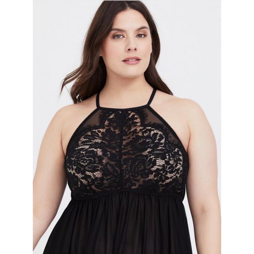 Torrid 1 Babydoll Lingerie 16/18 Black Lace Mesh Halter Strappy Goth Romantic - Picture 3 of 13